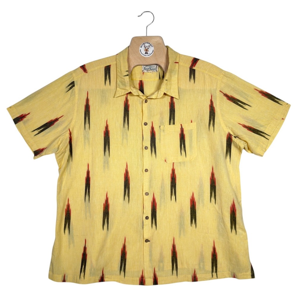 One World Brothers Shirt XXL Yellow Ikat Print Short Sleeve Button Up